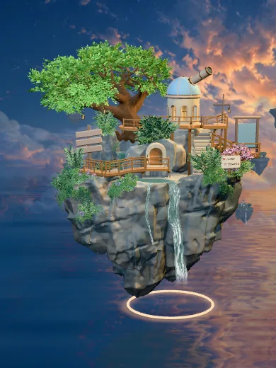 The Tiny Planet observatory, tree canopy and waterfall above a sunset sea.
