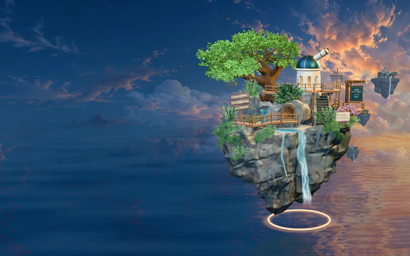 A miniature floating island with a tree, observatory, wooden bridges and a waterfall, suspended above a reflective sea.